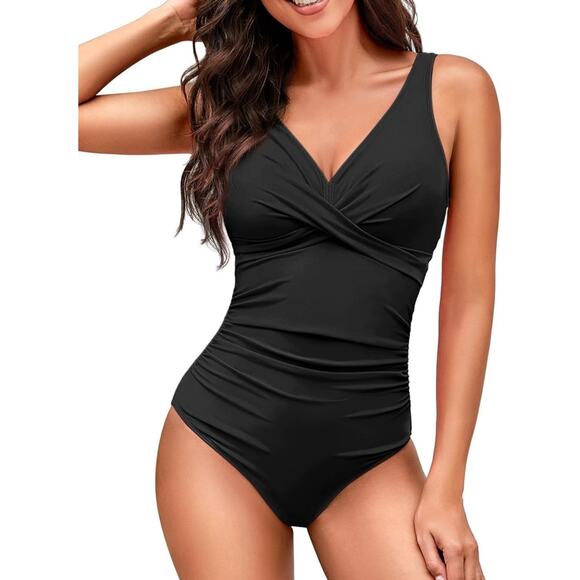HEYTALALA Womens One Piece Swimsuit Tummy Control Push Up V Neck Tie Back Medium - Picture 1 of 9
